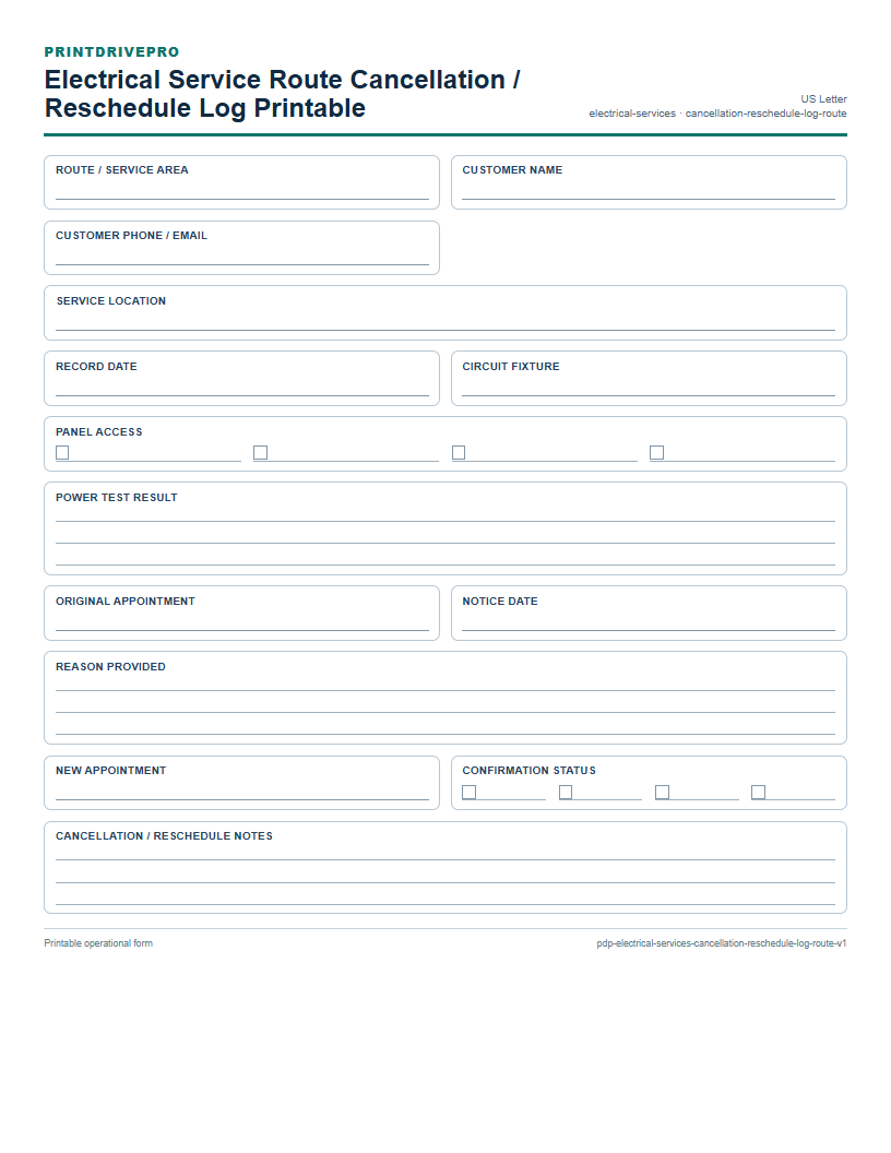 Electrical Service Route Cancellation / Reschedule Log Printable preview