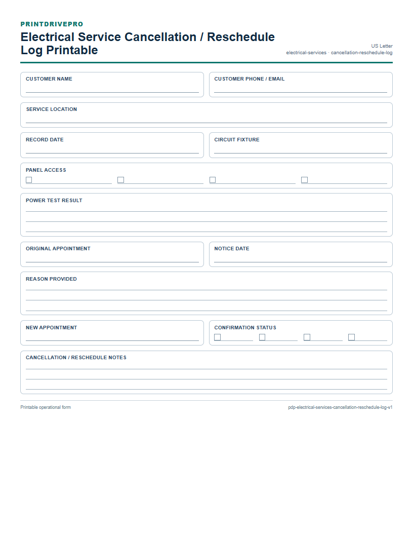 Electrical Service Cancellation / Reschedule Log Printable preview