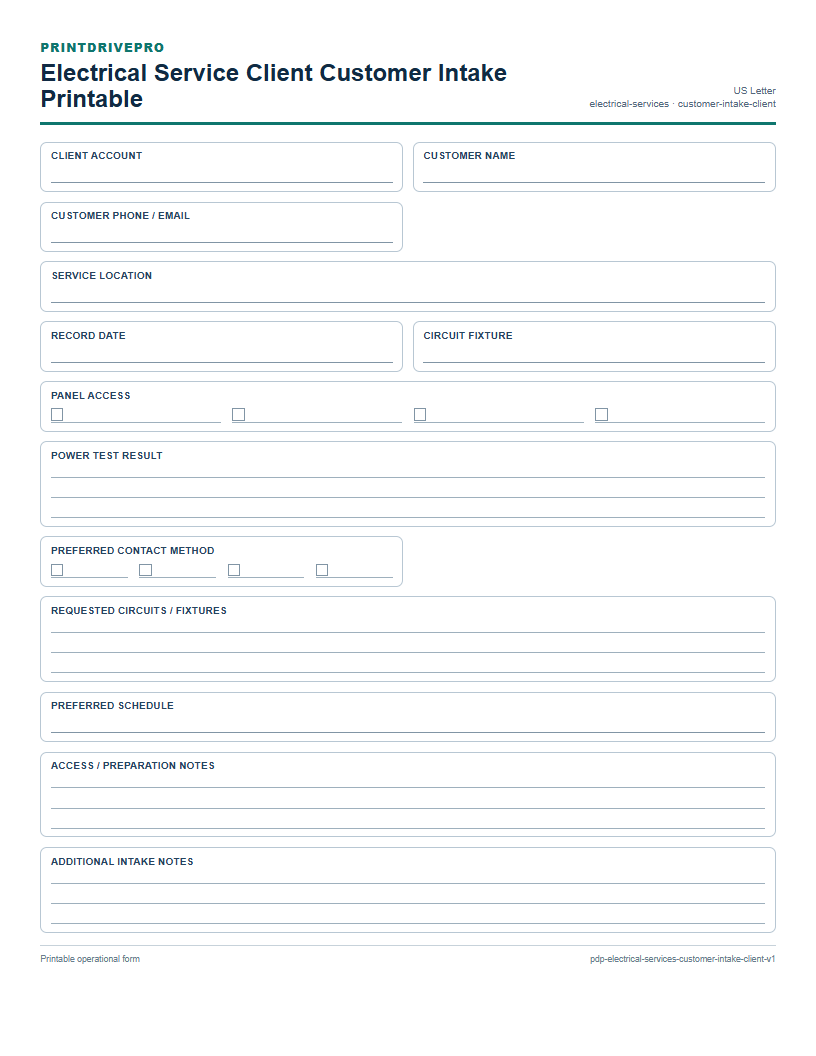 Electrical Service Client Customer Intake Printable preview
