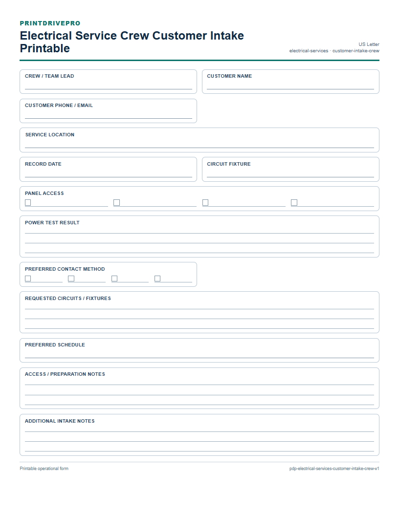 Electrical Service Crew Customer Intake Printable preview