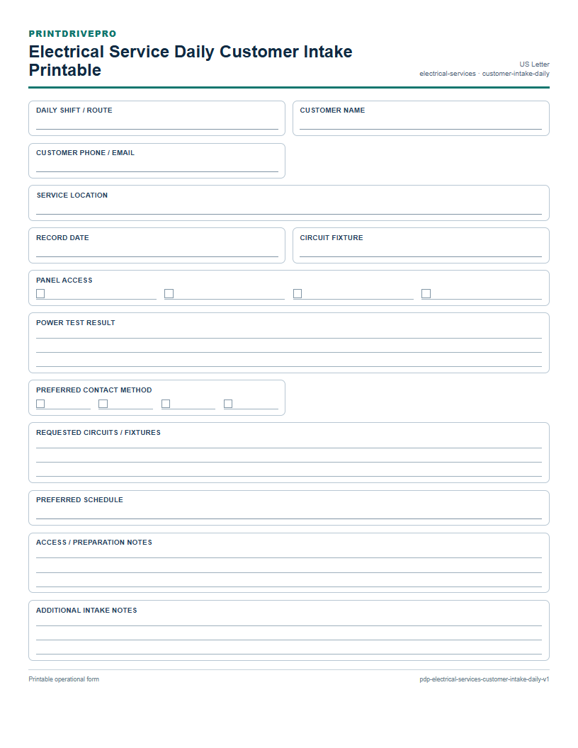 Electrical Service Daily Customer Intake Printable preview