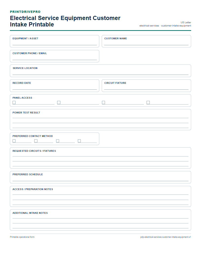 Electrical Service Equipment Customer Intake Printable preview