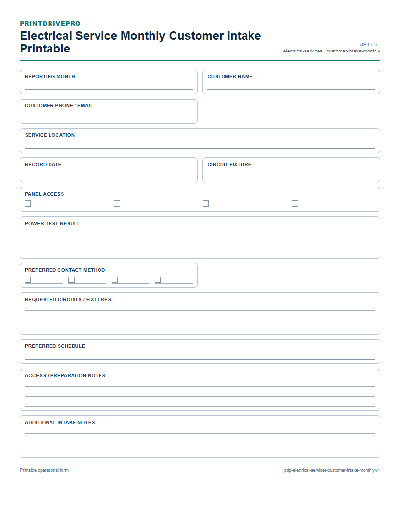 Electrical Service Monthly Customer Intake Printable preview