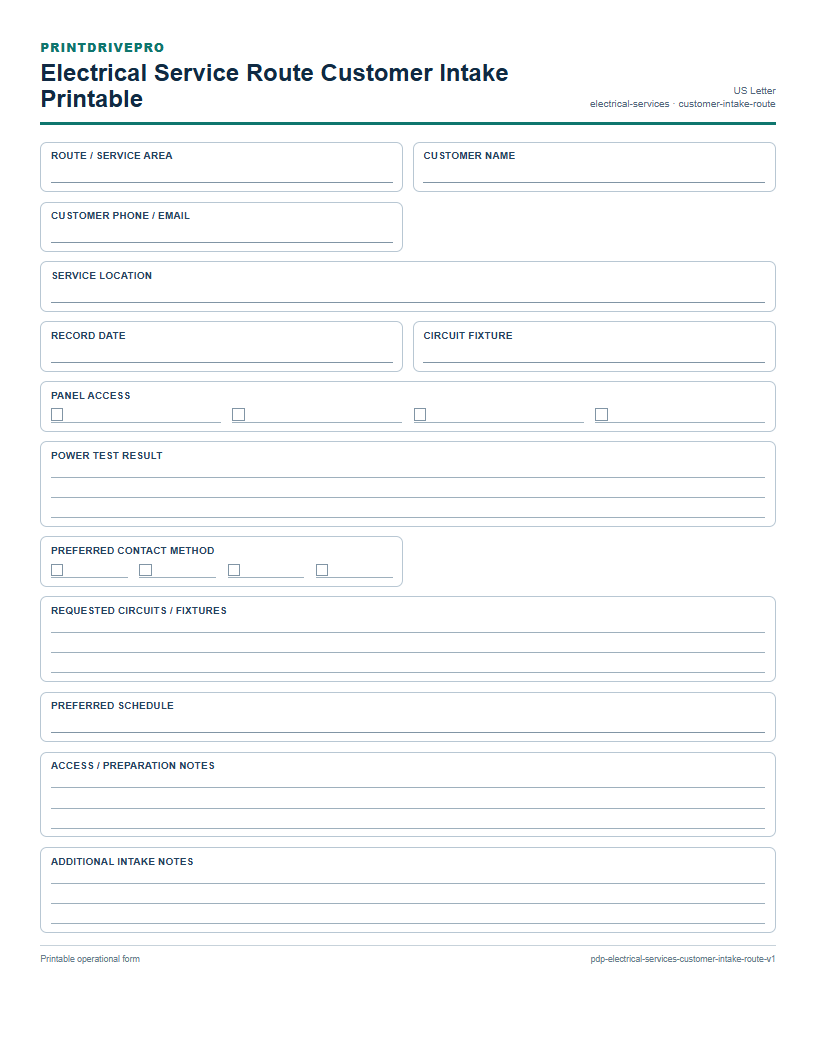 Electrical Service Route Customer Intake Printable preview