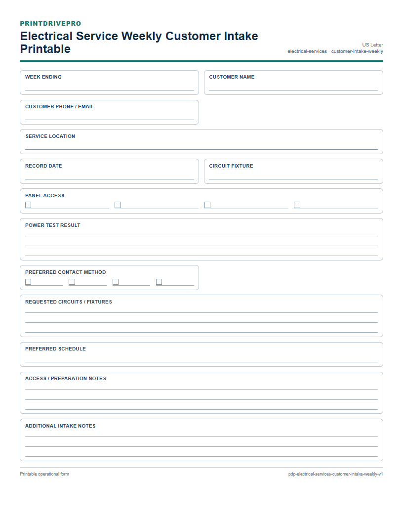 Electrical Service Weekly Customer Intake Printable preview