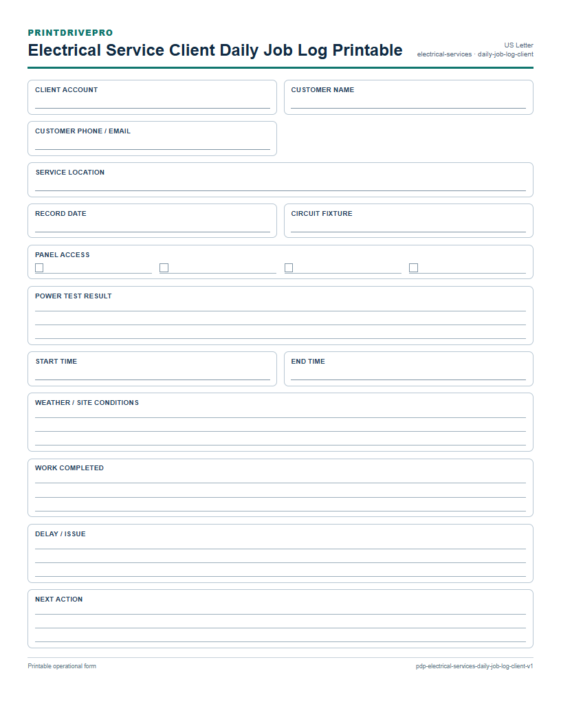 Electrical Service Client Daily Job Log Printable preview