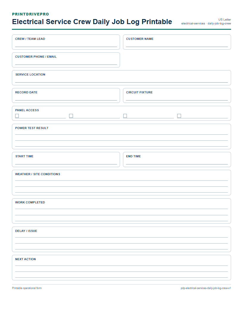 Electrical Service Crew Daily Job Log Printable preview