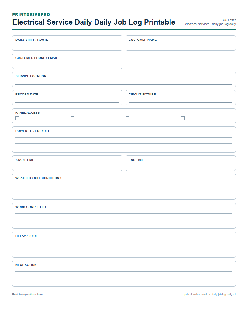 Electrical Service Daily Daily Job Log Printable preview
