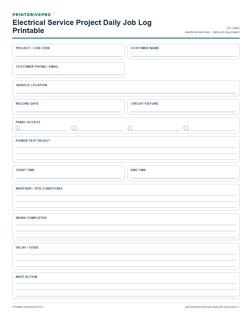 Electrical Service Project Daily Job Log Printable preview