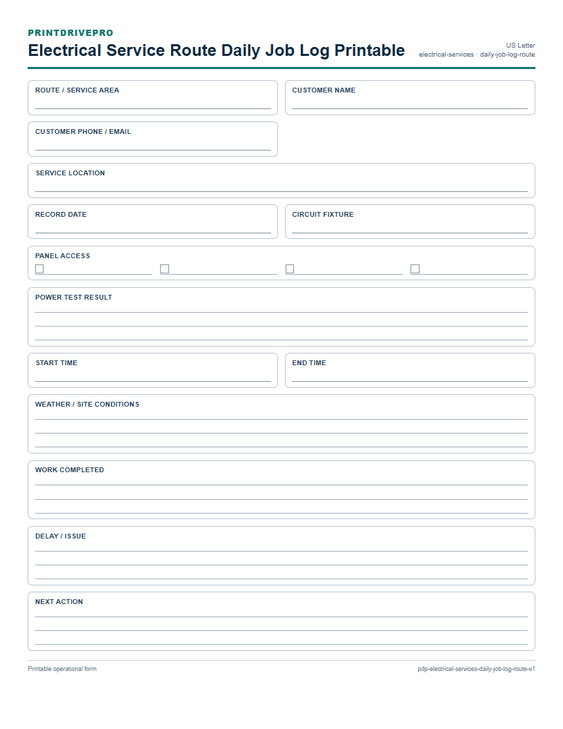 Electrical Service Route Daily Job Log Printable preview
