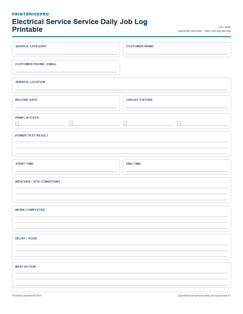 Electrical Service Service Daily Job Log Printable preview