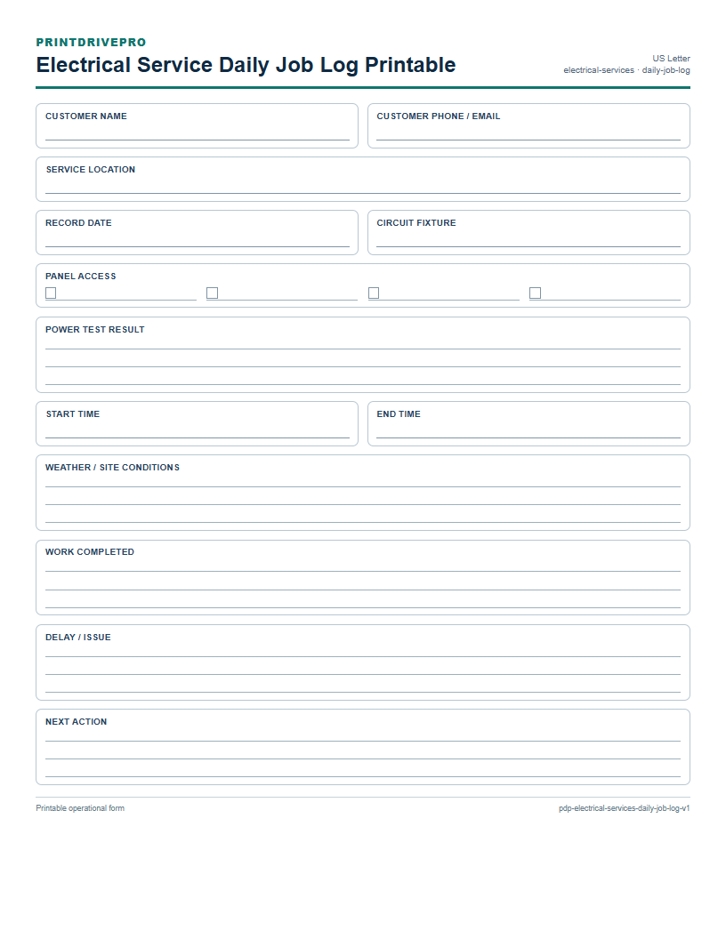 Electrical Service Daily Job Log Printable preview