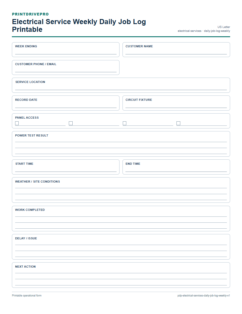 Electrical Service Weekly Daily Job Log Printable preview
