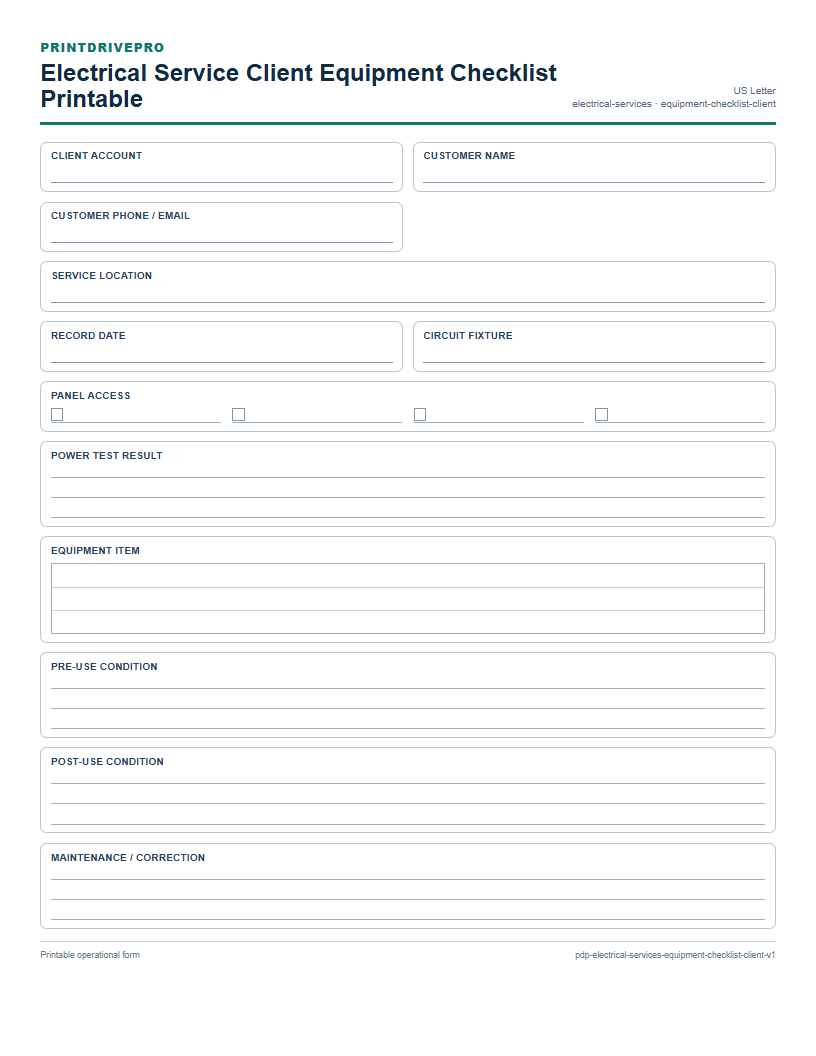 Electrical Service Client Equipment Checklist Printable preview