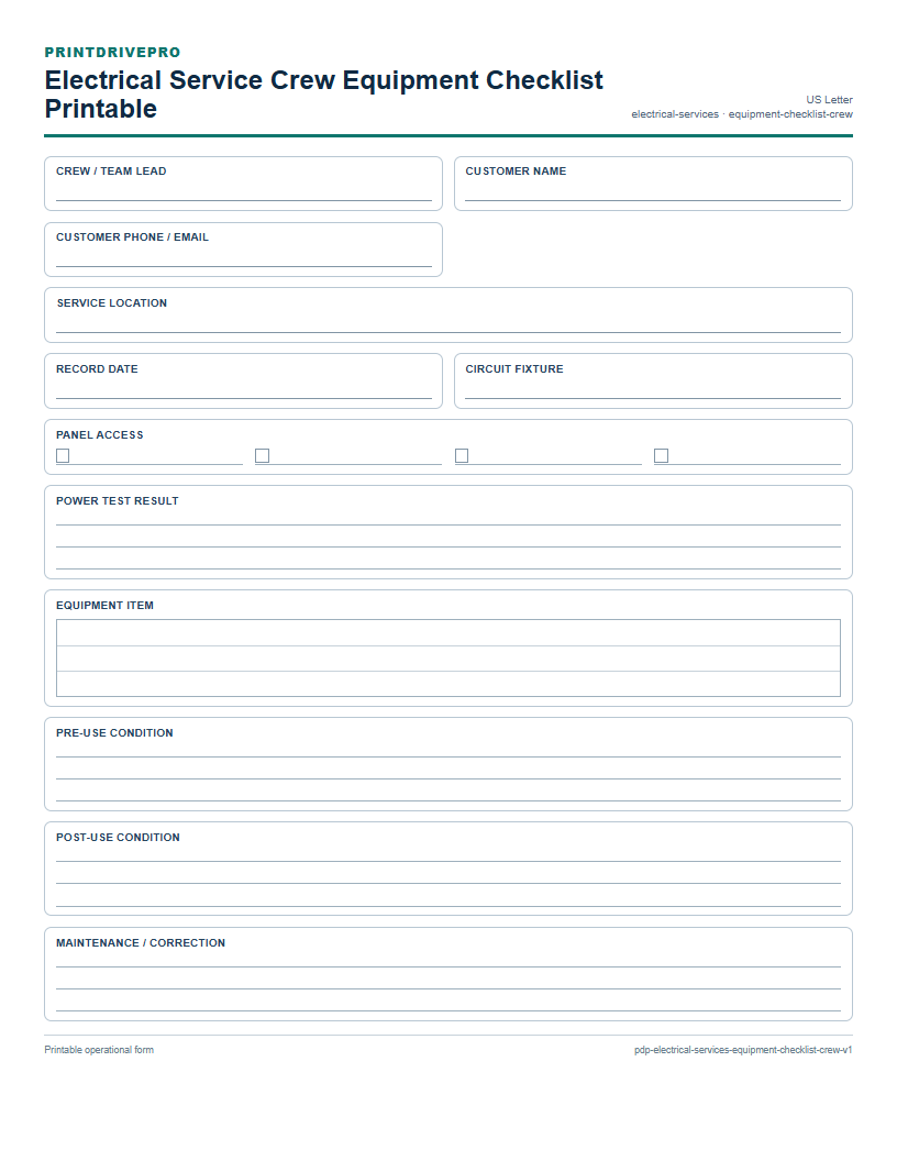 Electrical Service Crew Equipment Checklist Printable preview