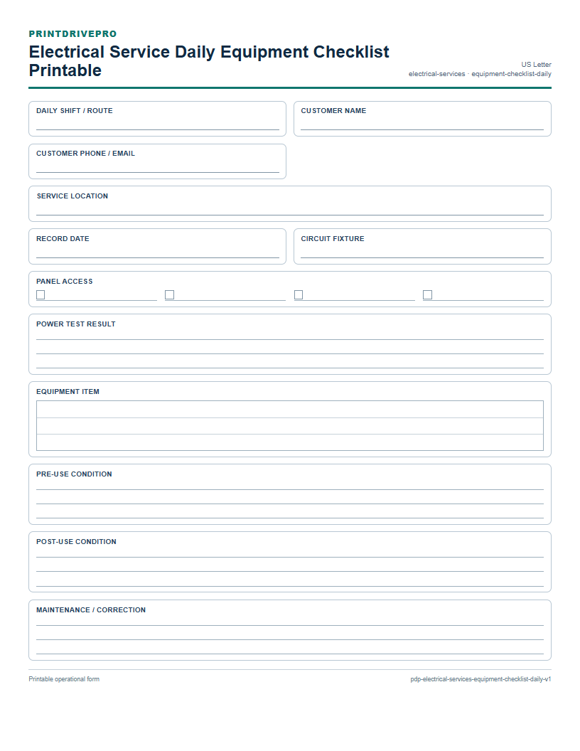 Electrical Service Daily Equipment Checklist Printable preview