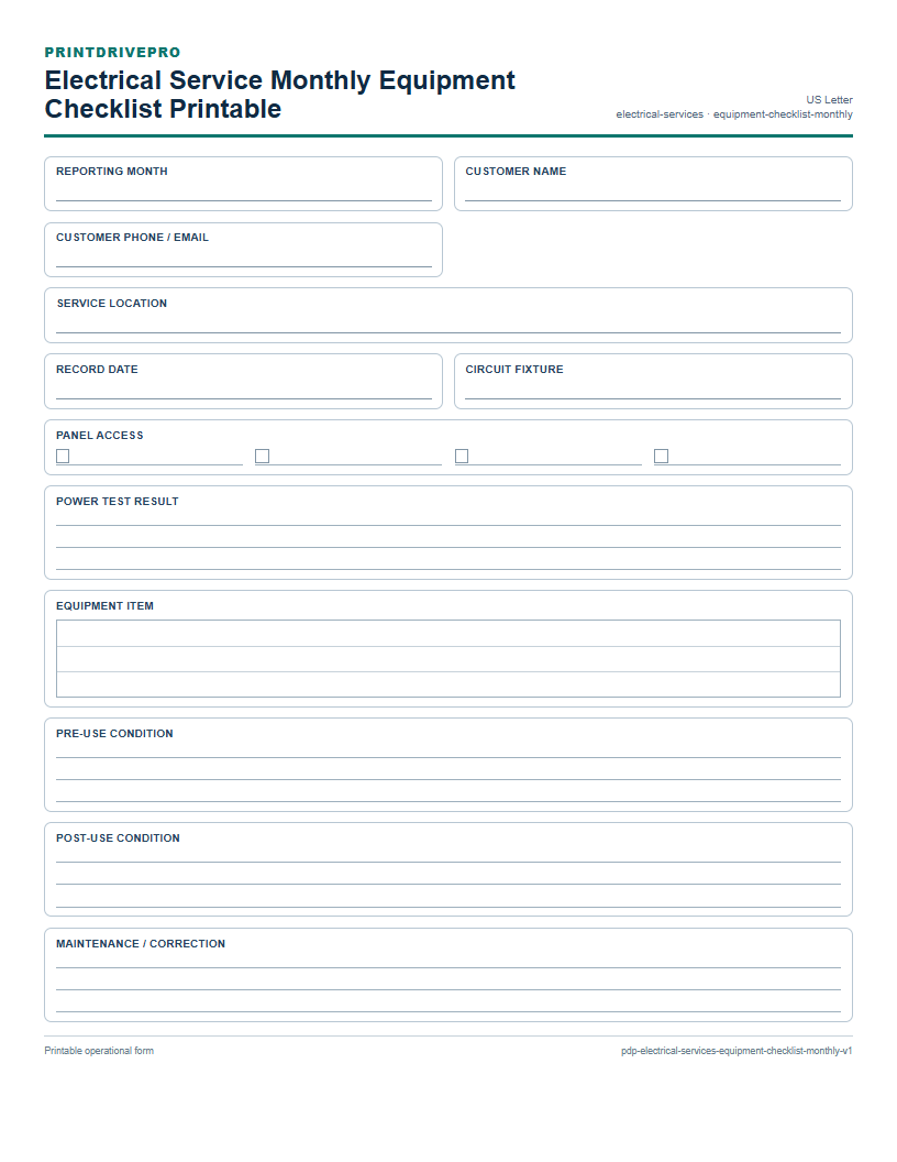 Electrical Service Monthly Equipment Checklist Printable preview