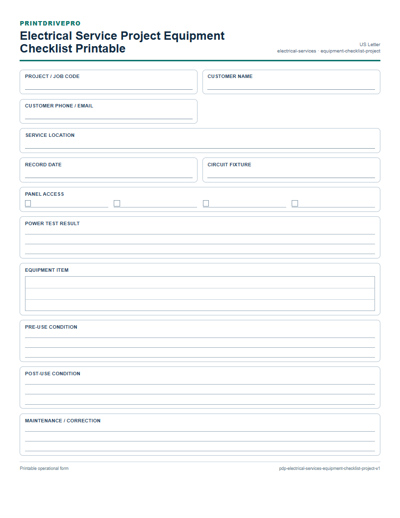Electrical Service Project Equipment Checklist Printable preview