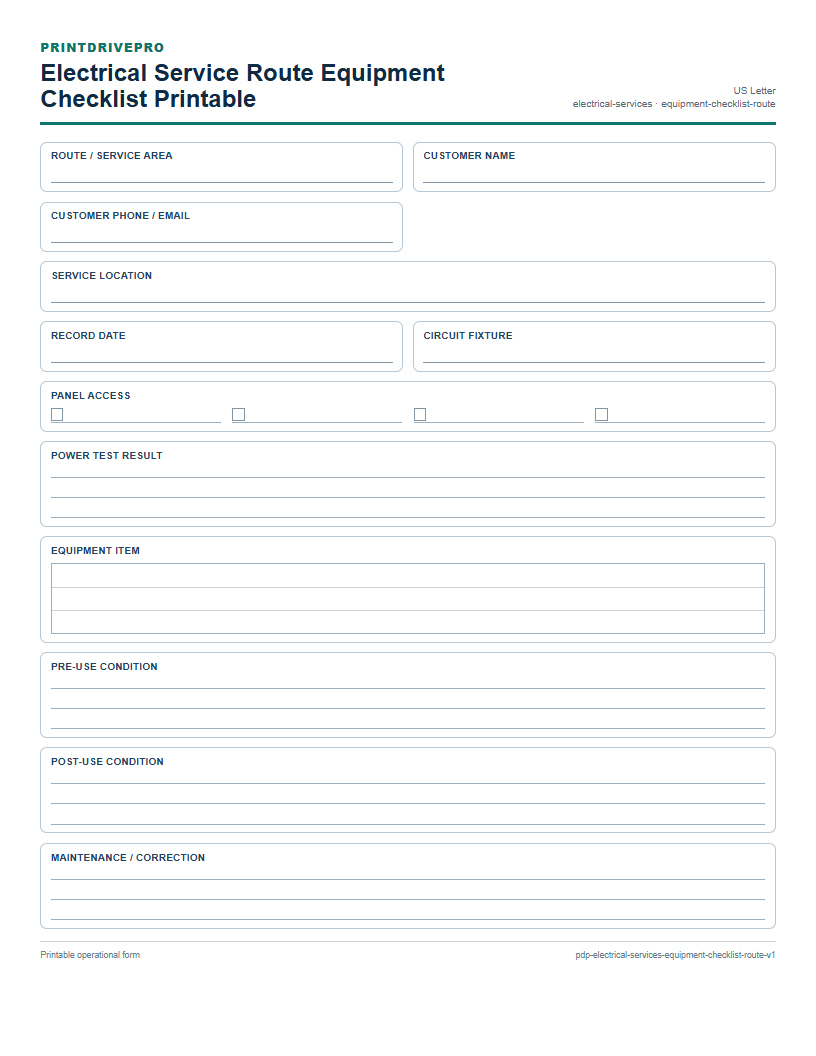 Electrical Service Route Equipment Checklist Printable preview