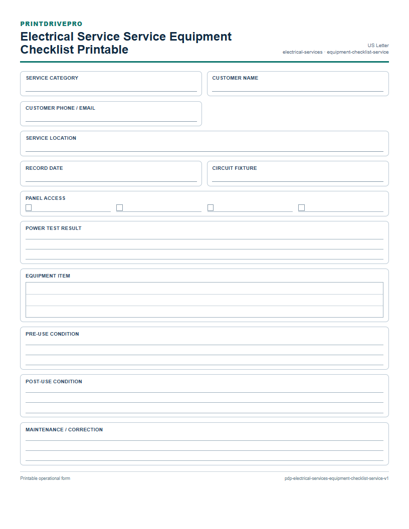 Electrical Service Service Equipment Checklist Printable preview