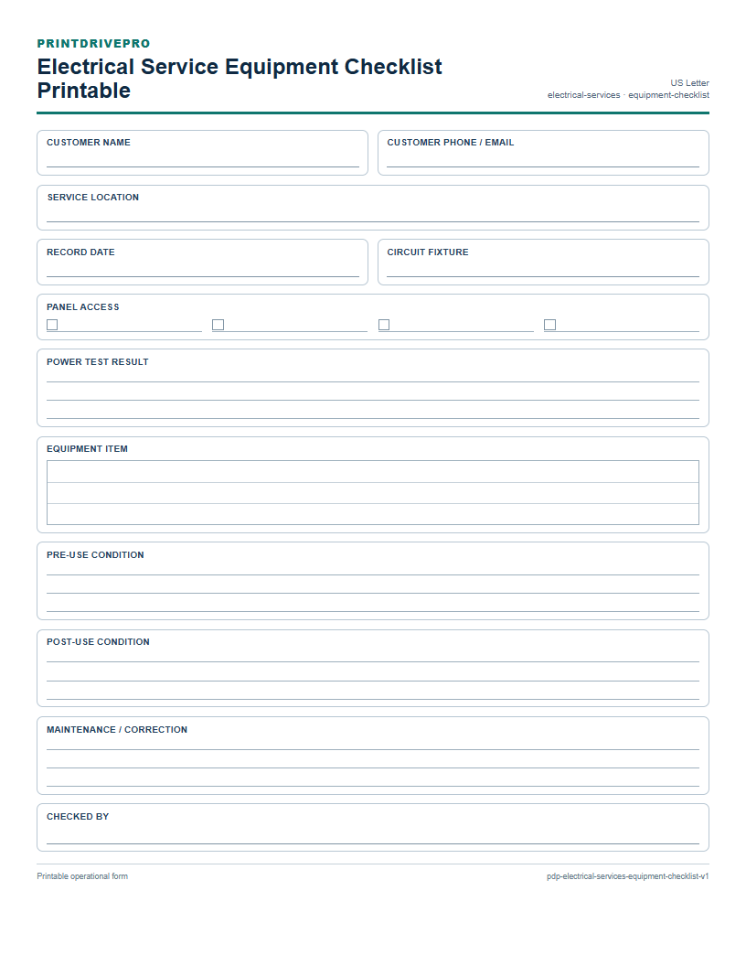 Electrical Service Equipment Checklist Printable preview