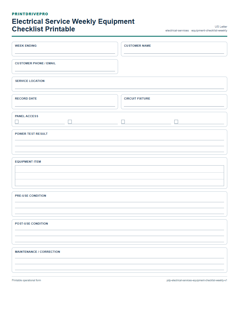 Electrical Service Weekly Equipment Checklist Printable preview