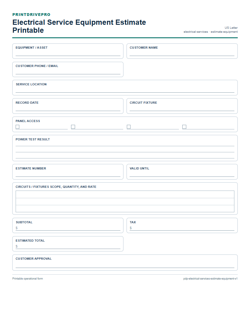 Electrical Service Equipment Estimate Printable preview