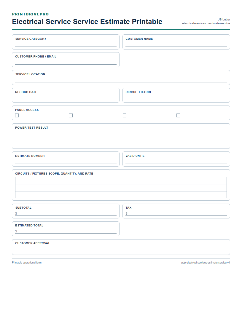 Electrical Service Service Estimate Printable preview