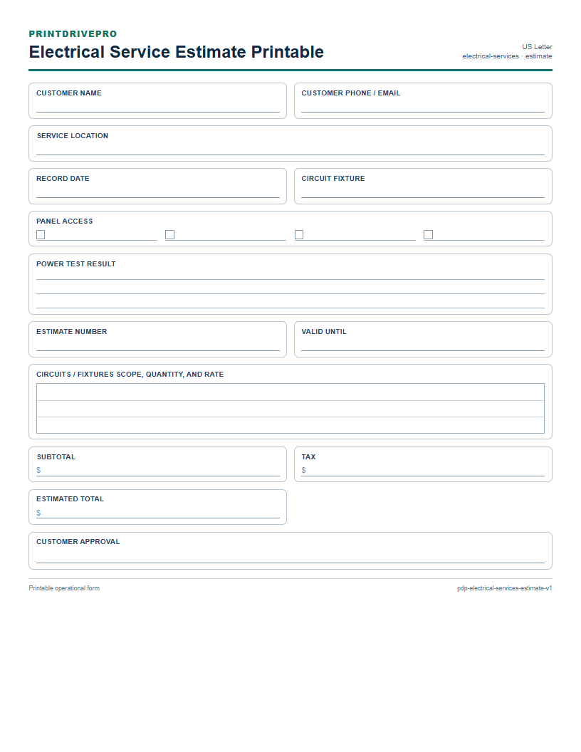Electrical Service Estimate Printable preview