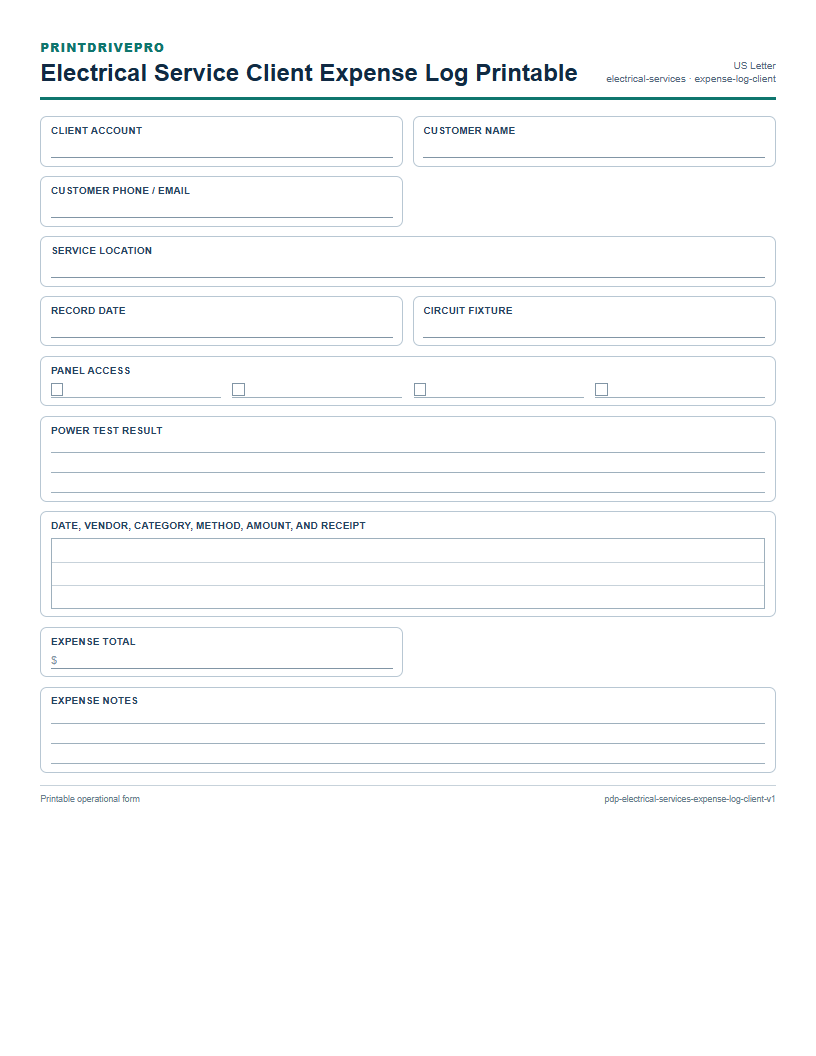Electrical Service Client Expense Log Printable preview