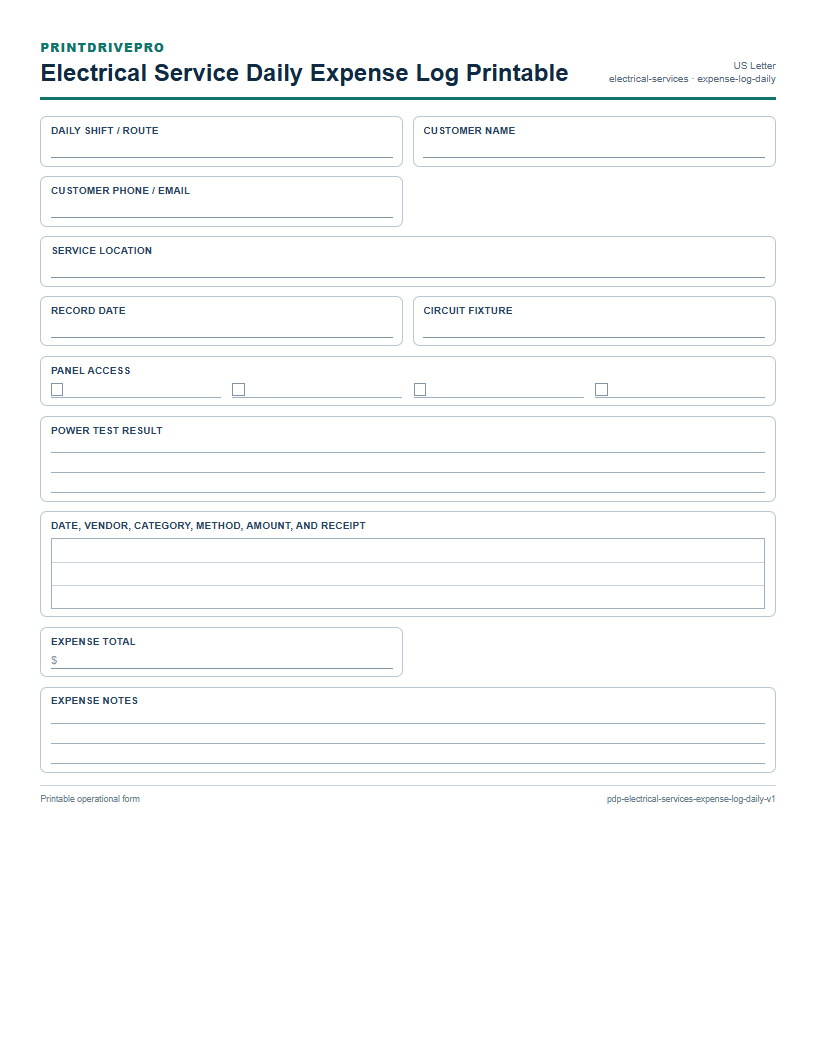 Electrical Service Daily Expense Log Printable preview