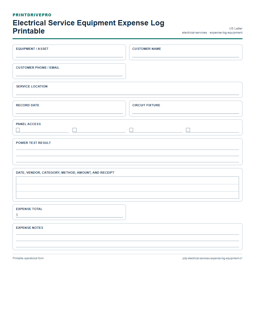 Electrical Service Equipment Expense Log Printable preview