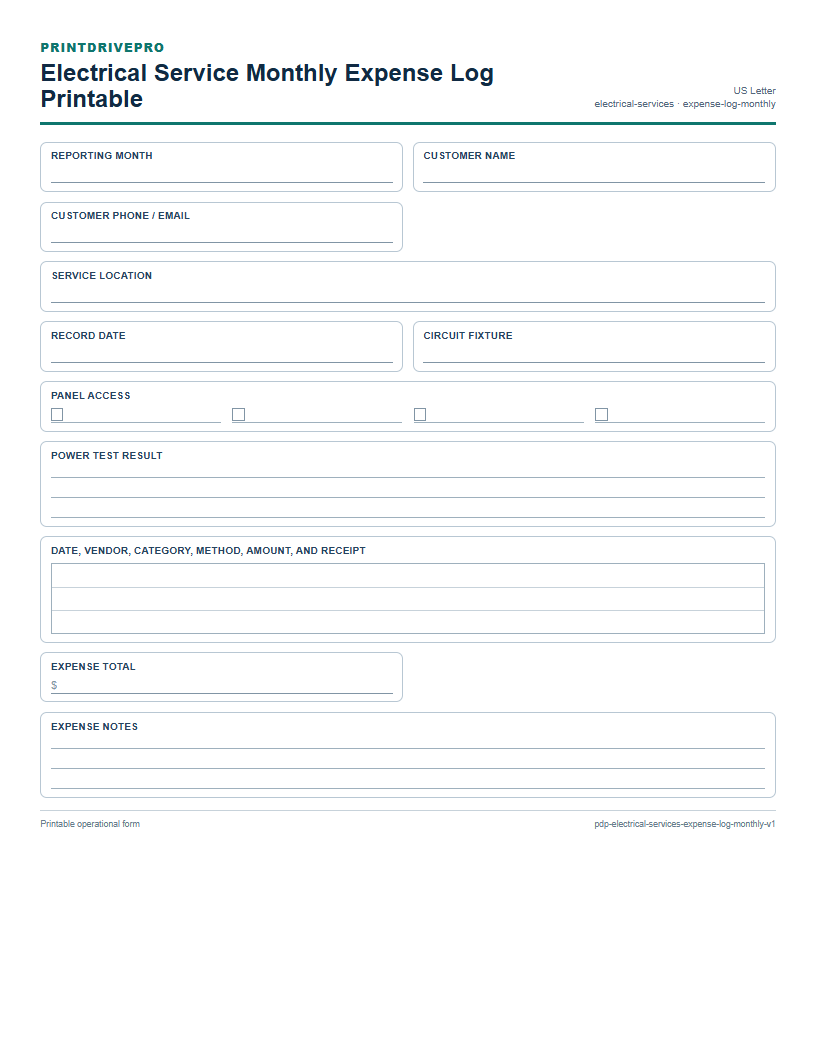 Electrical Service Monthly Expense Log Printable preview