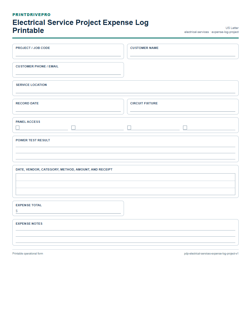 Electrical Service Project Expense Log Printable preview
