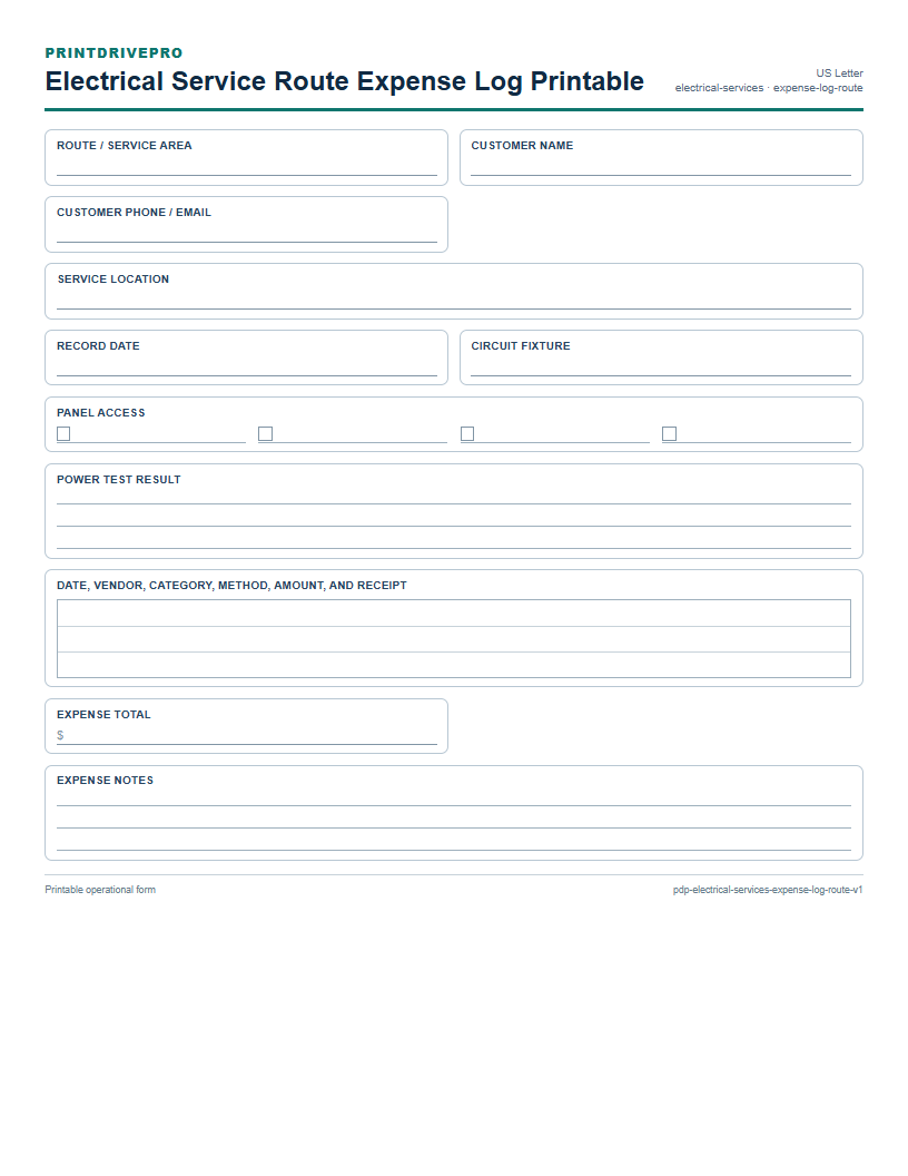 Electrical Service Route Expense Log Printable preview