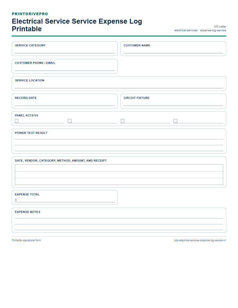 Electrical Service Service Expense Log Printable preview