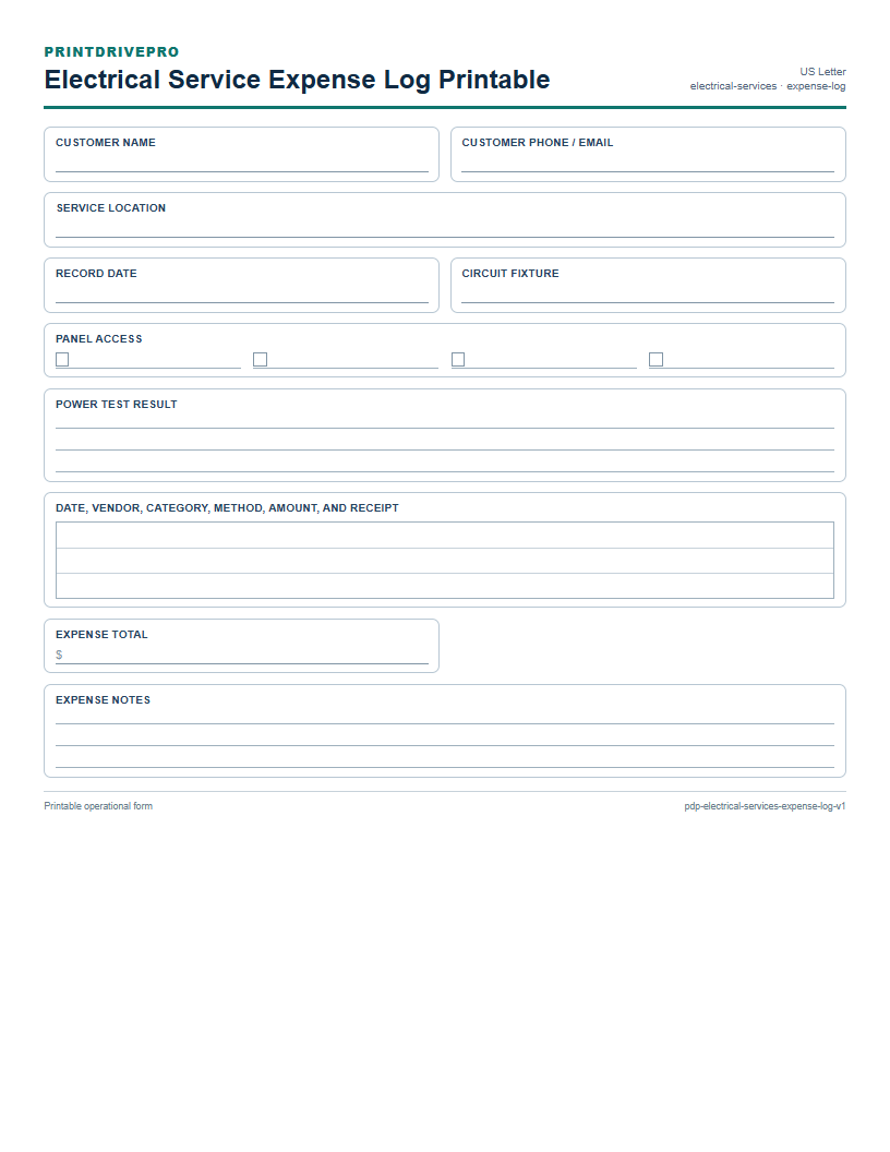 Electrical Service Expense Log Printable preview