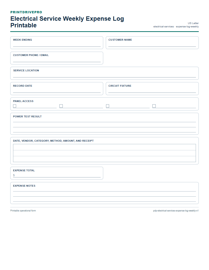 Electrical Service Weekly Expense Log Printable preview