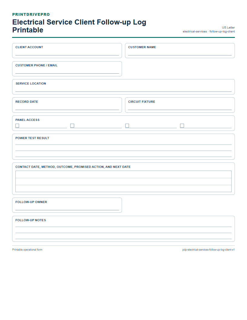 Electrical Service Client Follow-up Log Printable preview