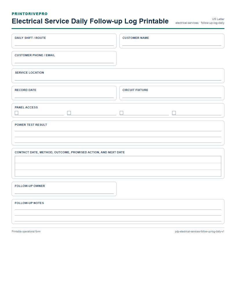 Electrical Service Daily Follow-up Log Printable preview