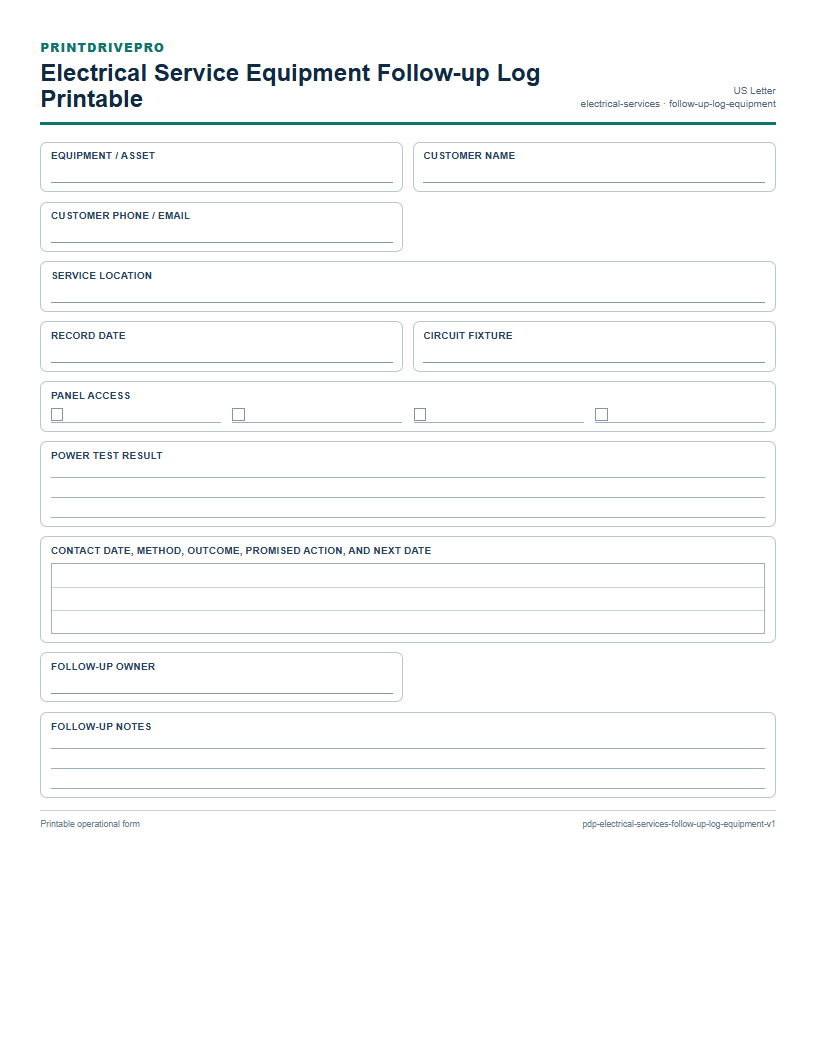 Electrical Service Equipment Follow-up Log Printable preview