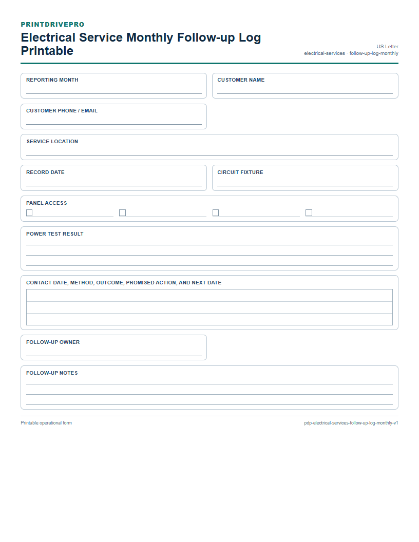 Electrical Service Monthly Follow-up Log Printable preview