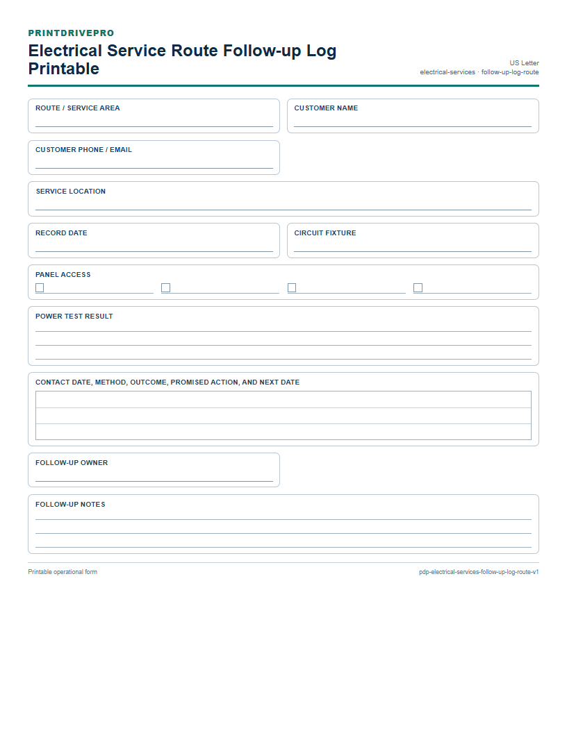 Electrical Service Route Follow-up Log Printable preview
