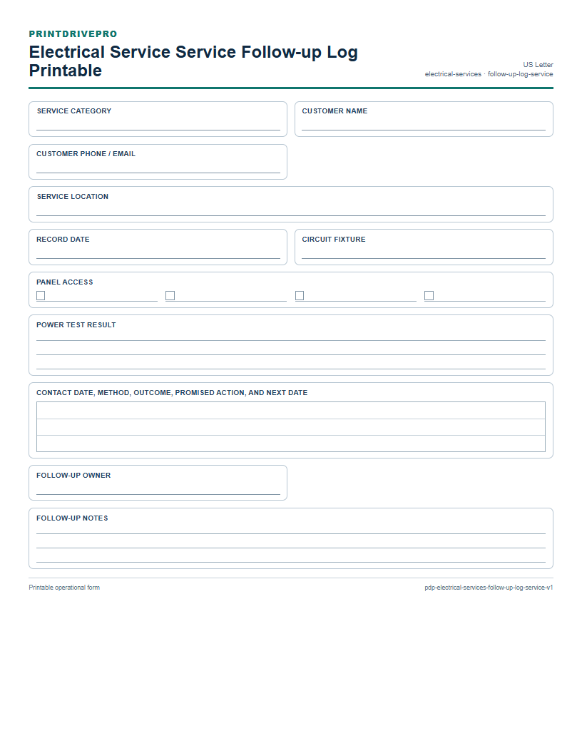 Electrical Service Service Follow-up Log Printable preview