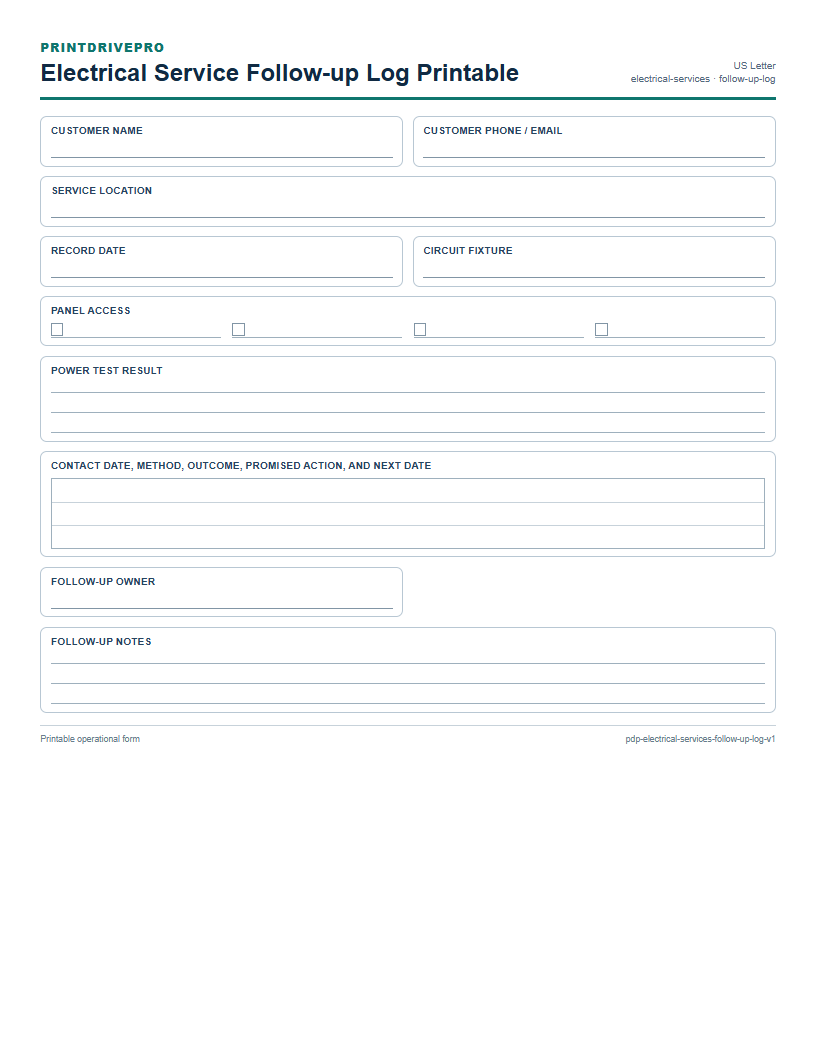 Electrical Service Follow-up Log Printable preview