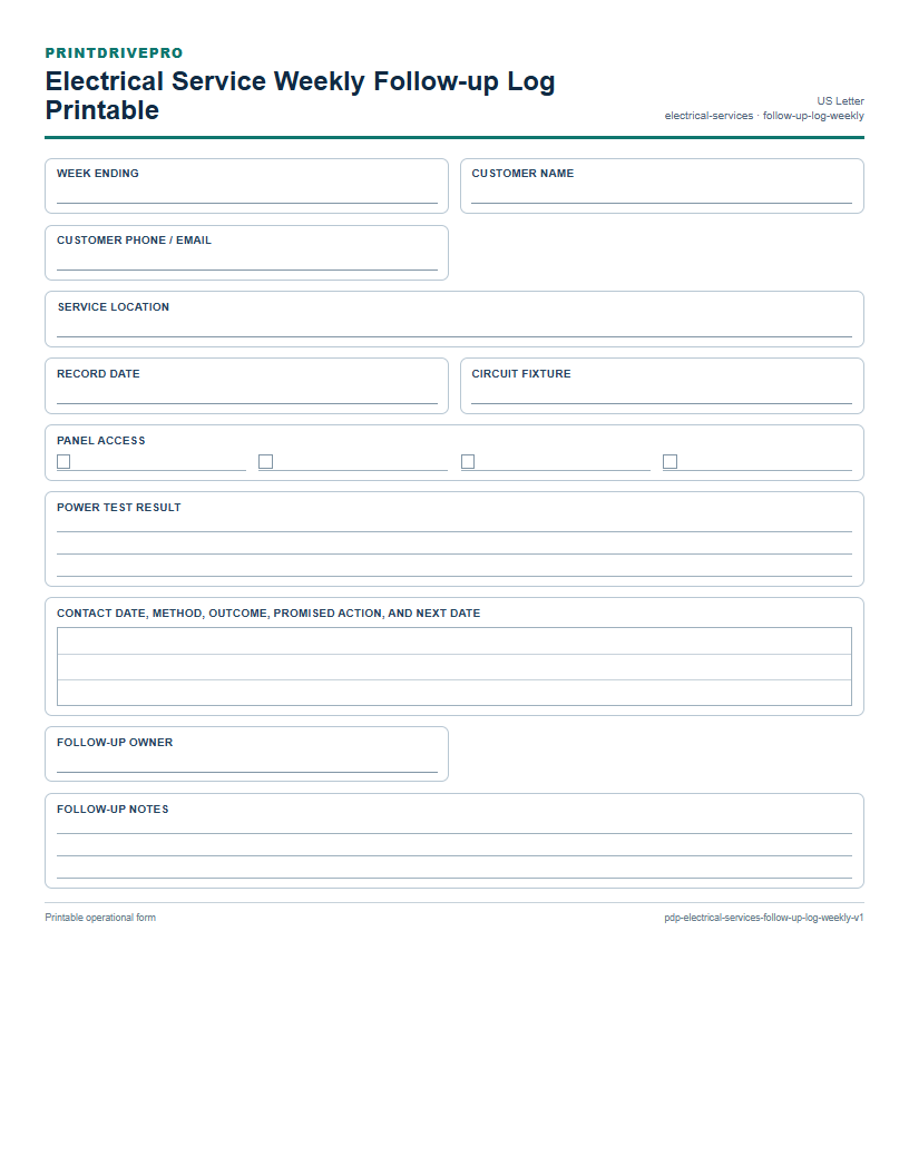 Electrical Service Weekly Follow-up Log Printable preview