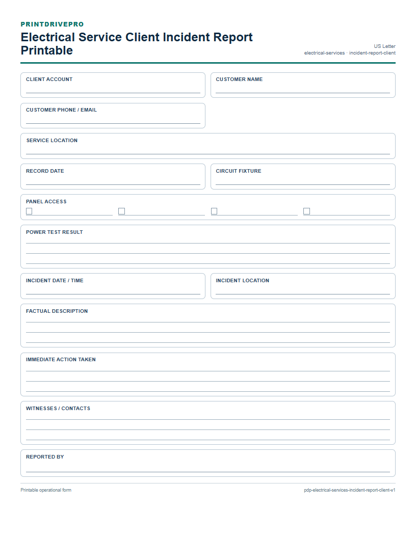 Electrical Service Client Incident Report Printable preview