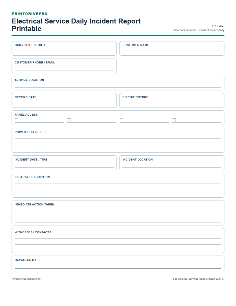 Electrical Service Daily Incident Report Printable preview