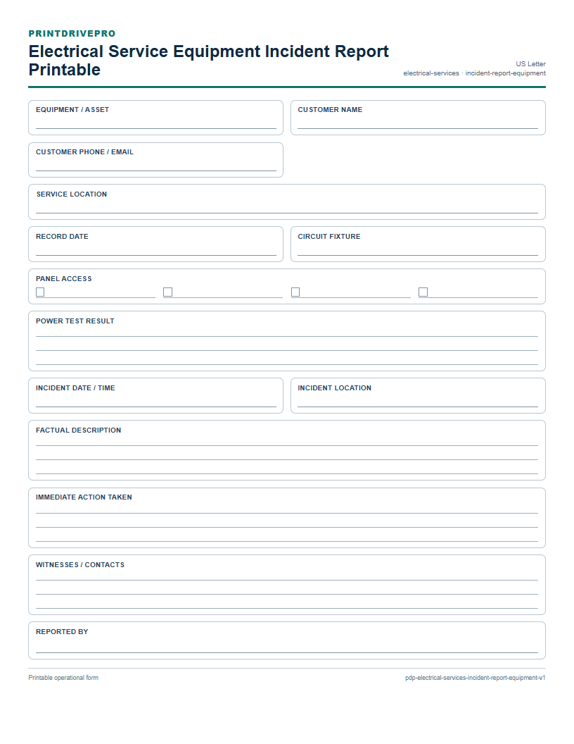 Electrical Service Equipment Incident Report Printable preview