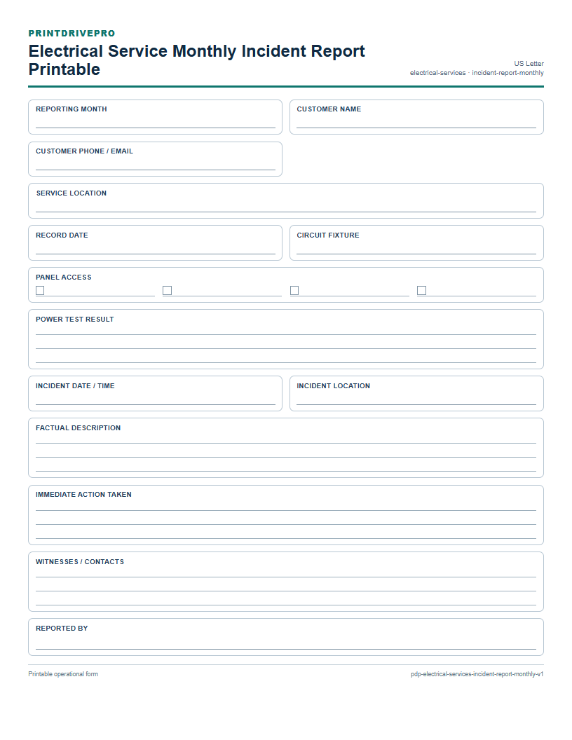 Electrical Service Monthly Incident Report Printable preview